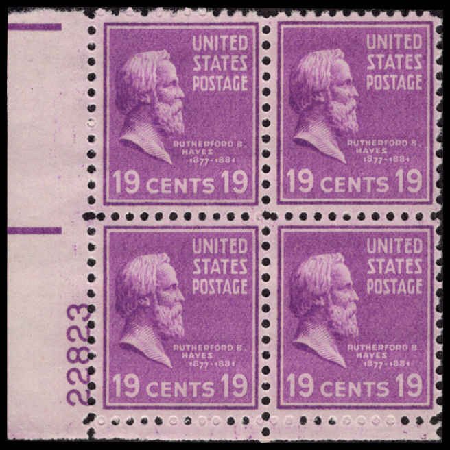 US #824 HAYES MNH LL PLATE BLOCK #22823