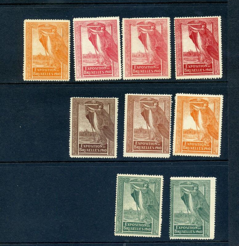 9 VINTAGE 1910 BRUSSELS EXPO POSTER STAMPS (L855) BELGIUM