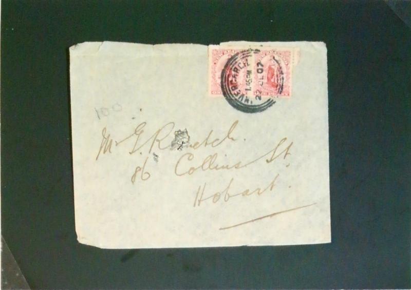 New Zealand 1907 1p Pair Cover to Hobart / 1 Punch Hole - Z2657