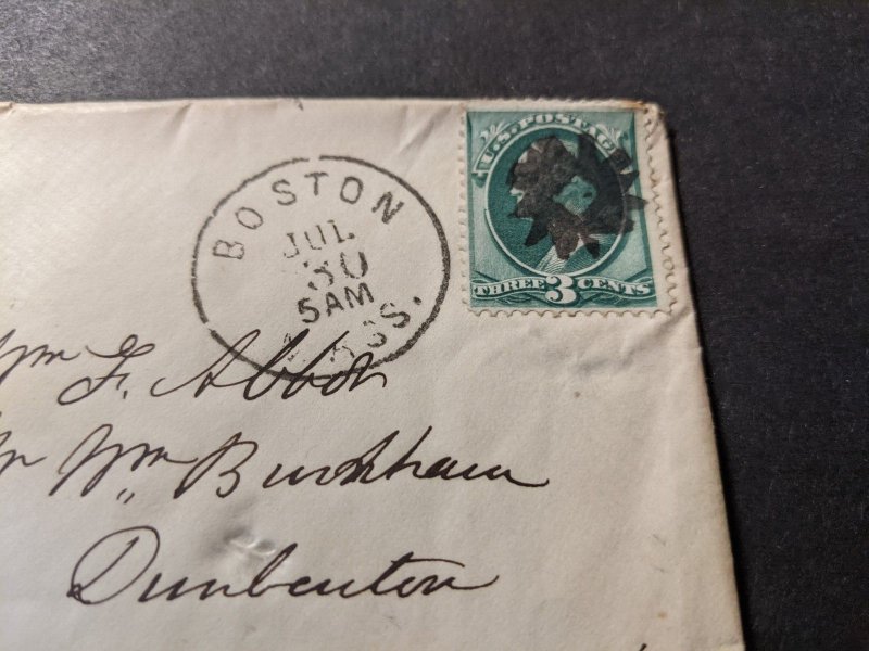 1875 FANCY CANCEL Postal History Cover Boston, Mass to Dunbarton, NH 