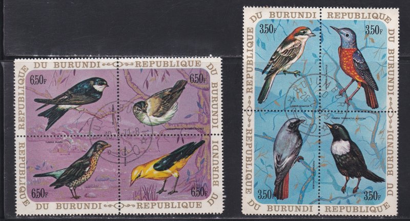 Burundi # 339, 342, C132-137, Birds Blocks of 4, CTO, 1/3 Cat.