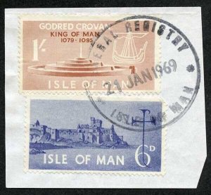 Isle of Man 1/- Brown and 6d Blue QEII Pictorial Revenues CDS On Piece