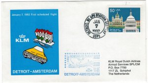 United States 1992 Cover Stamps First Flight Detroit Amsterdam Netherlands KLM