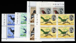 Ethiopia #386-390, 1962 Birds, complete set in corner margin blocks of four, ...