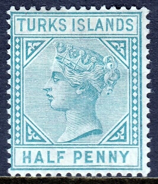 TURKS ISLANDS — SCOTT 48a (SG 53) — 1882 QV ½d BLUE GREEN — MH — SCV $20.00