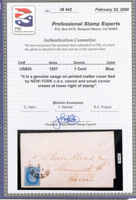 US Scott #20 Tied With NY May 4 CDS Cancel With PSE Cert, Railroad Circular