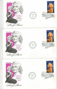 MARILYN MONROE LEGENDS OF HOLLYWOOD #2967 SET OF 3 FDCs & INFO TEXT ON BACK