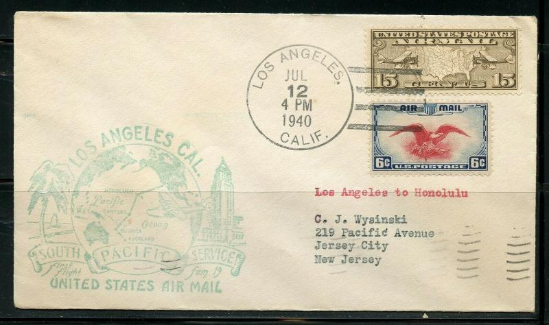 US LOS ANGELES 7/12/40 FAM 19 1ST FLIGHT SOUTH PACIFIC TO HONOLULU, HI AS SHOWN