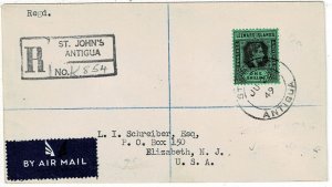 Leeward Islands 1949 St. Johns cancel on airmail, registered cover to the U.S.