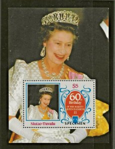 NIUTAO-TUVALU 1986 60TH BIRTHDAY QUEEN ELIZABETH II, SPECIMEN O/P SOUVENIR SHEET