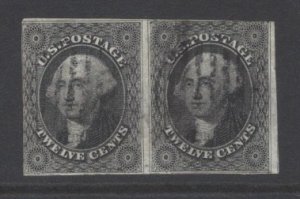 US #17 12 cent Washington (1851) F-VF used pair, black grid cancel, Scott $600.