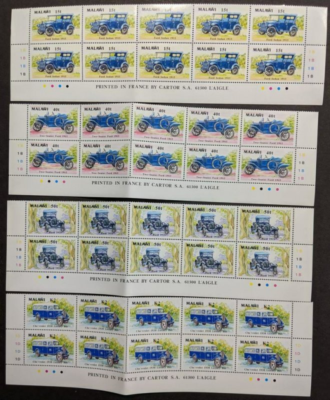 EDW1949SELL : MALAWI 1990 Scott #562-65, 565a Cars 10 Cplt sets & 10 S/S VF MNH