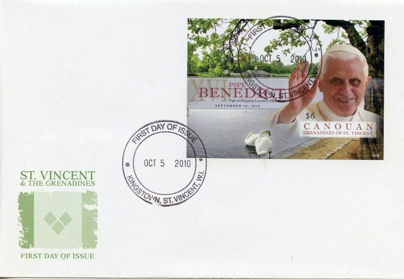 CANOUAN  2010 POPE BENEDICT XVI VISIT TO THE UNITED KINGDOM IMPER S/SHEET FDC