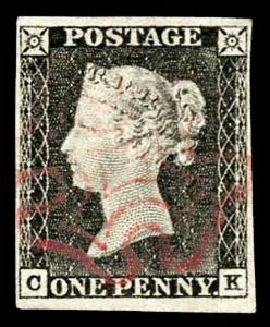 Penny Black (CK) Plate 1a with a Reddish Magenta Cross Very fine Four margins