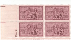 Scott # 1020 - 3c Violet Brown - Louisiana Purch. Issue - plate block of 4 - MNH