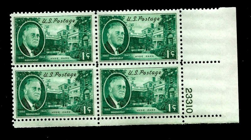  US 1945 Sc# 930 1 c  FDR and the White House - Mint NH Plate Block of 4