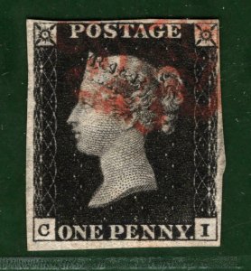 GB PENNY BLACK QV Stamp 1d Plate 6 (CI) Red MX (1840) Used VFU Cat £375 GRED22