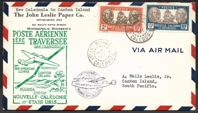 Doyle's_Stamps: Quality First Flight Cover New Caledonia to Canton Island