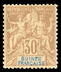 French Colonies, French Guinea #12 Cat$40, 1892 30c brown, hinged