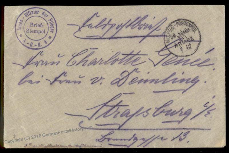 Germany WWI Air Force Stabs Offizier der Flieger AOK 4 Feldpost Cover 69784