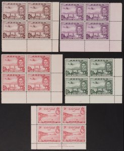 PAPUA 1939 Airmail 2d & 5d to 1/- + 1938 Declaration 2d imprint blocks. MNH **.