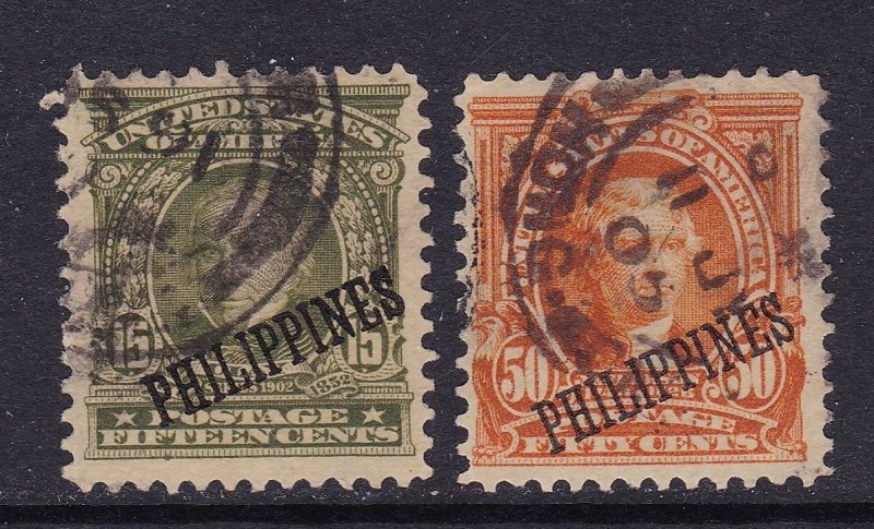 Philippines Scott 235-236 1901 15c, 50c US overprints F/VF Used.  Scott $50