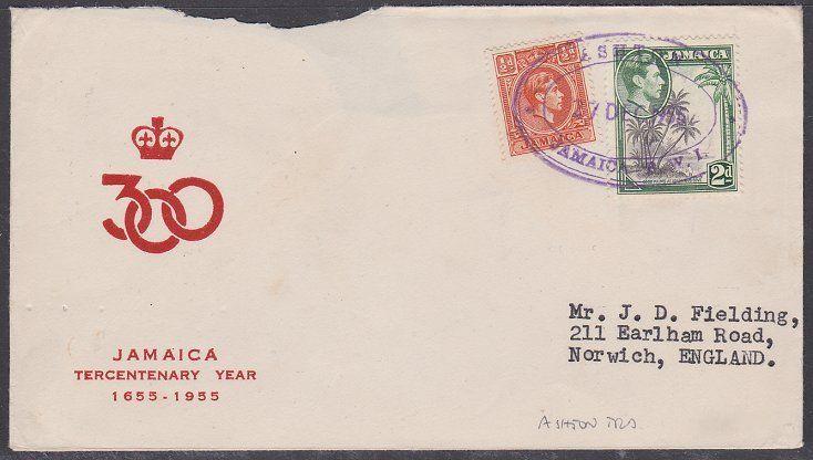 JAMAICA 1955 cover to UK ASHTON temp rubber datestamp........................708