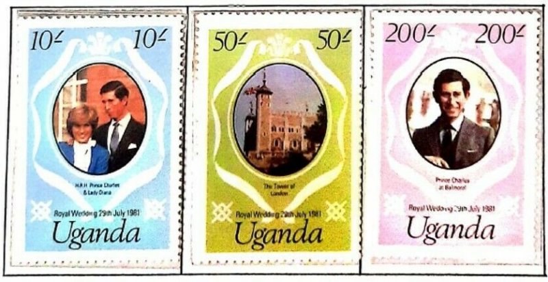 A) 1981, UGANDA, ROYAL WEDDING – STAMPS REISSUED WITH NEW FACE VALUES, PRINCE CH 