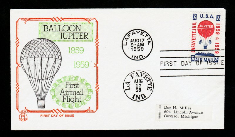 7¢ JUPITER BALLOON SCOTT #C54 FDC AUGUST 17 1959 LAFAYETTE IN (TRI COLOR)