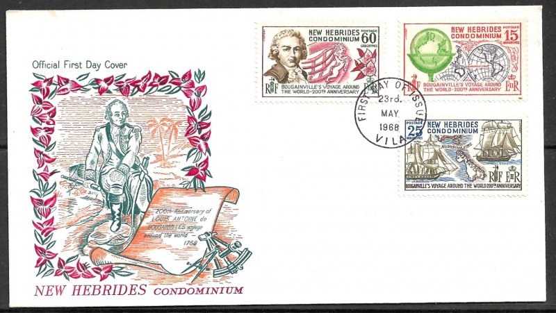 NEW HEBRIDES FRENCH 1968 L.A.de Bougainville Voyage Set Sc 143-145 Cachet FDC