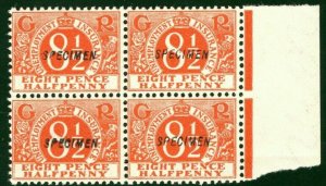 GB KGV Revenue 8½d Orange UNEMPLOYMENT (1922) *SPECIMEN* BLOCK Mint UM S2WHITE28