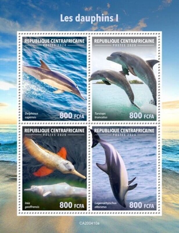 Central Africa - 2020 Dolphins, Bottlemose - 4 Stamp Sheet - CA200410a