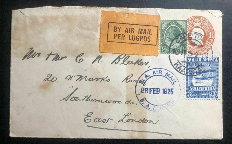 1925 Capetown South Africa Experimental Flight Airmail PS Cover to East London