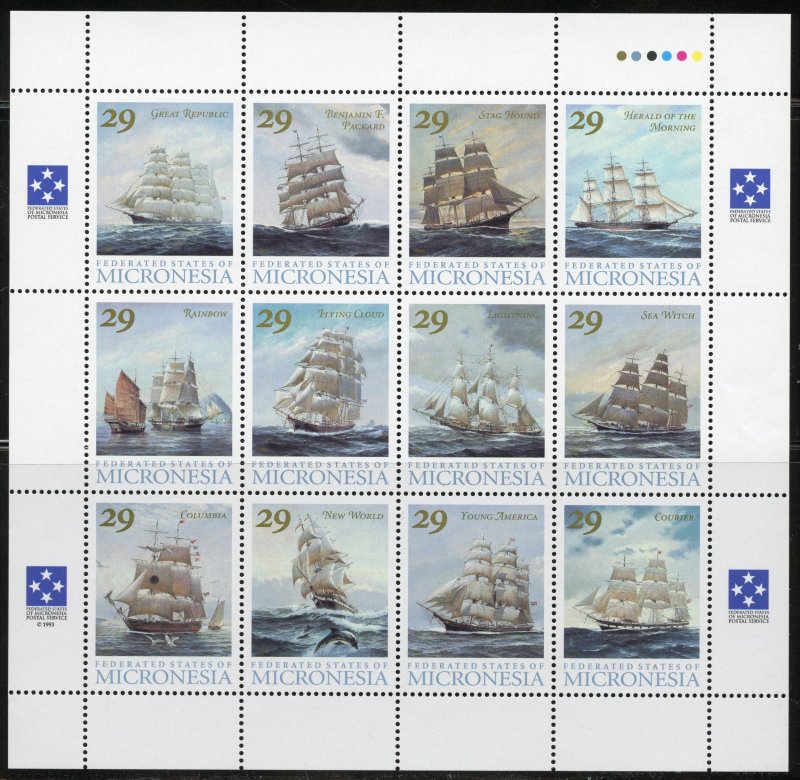 Micronesia Scott 168 MNHOG - 1993 Sailing Ships Sheet of 12 - SCV $15.00