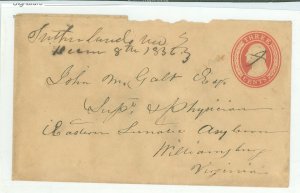 US U2 1856 3c George Washington entire addressed to the Supt. & Physician at the Eastern Lunatic Asylum in Williamsburg, VA