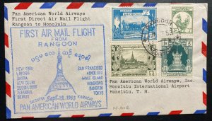 1953 Rangoon Burma First Flight Airmail Cover FFC to Honolulu Hawaii Pan America