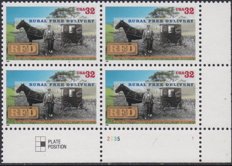 3090 Rural Free Delivery Plate Block MNH