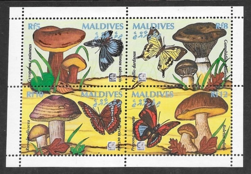 Maldives #2096 a-d  Sht of 4  Mushrooms and Butterflies  1995  MNH