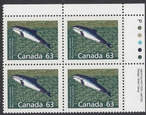 Canada #1176a  MNH set of 4 plate blocks, harbour porpoise, issued 1990