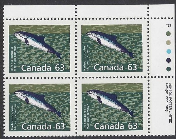 Canada #1176a  MNH set of 4 plate blocks, harbour porpoise, issued 1990