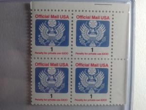 SCOTT # O127  1 CENT OFFICIAL MAIL USA PLATE BLOCK DULL FINISH MINT NEVER HINGED