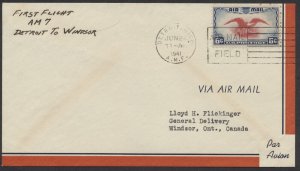 1941 June 24 American Airlines Detroit MICH AMF to Windsor ONT Cover #4113b