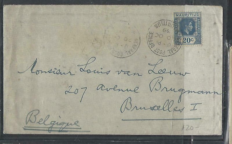 MAURITIUS COVER (P1311B) 1939 KGVI 20C PORT LOUIS  TO BELGIUM