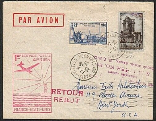 FRANCE 1939 first flight cover to New York.................................15068