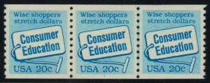 US #2005 20c Consumer, Plate 1, strip of 3,  Rarer Strip!