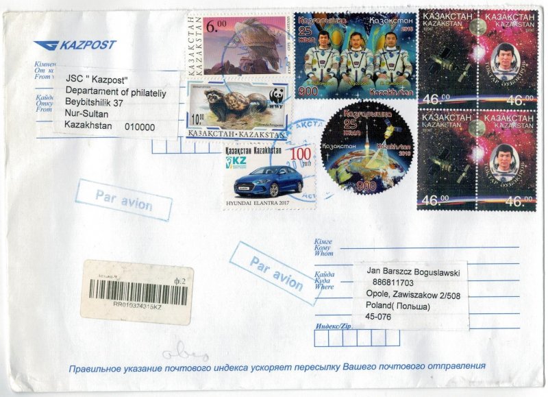 Kazakhstan 2022 Registered Cover to Poland Stamps Space Astronauts Animals Car