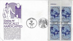 1960 FDC, #1155, 4c Employ the Handicapped, Anderson, plate block of 4