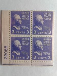 SCOTT # 807 MINT NEVER HINGED PLATE BLOCK 1938