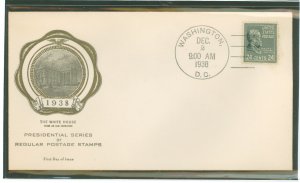 US 828 1938 24c Benjamin Harrison (presidential/prexy series) single on an unaddressed first day cover with a rice cachet.