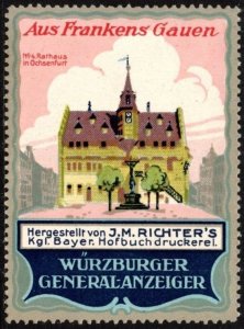 Vintage Germany Poster Stamp Würzburger Advertisement Town Hall In Ochsenfurt